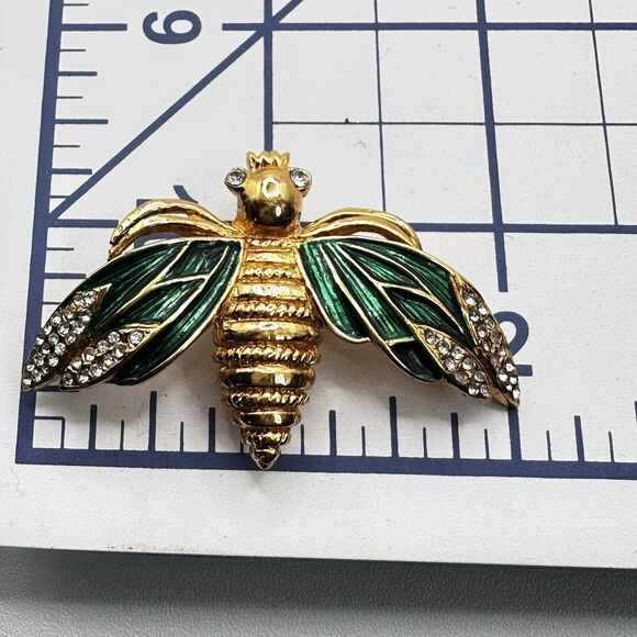 French Designer CARVEN Gold Tone Green Enamel Bee Brooch Pin Modele Depose #1282 - Picture 9 of 12